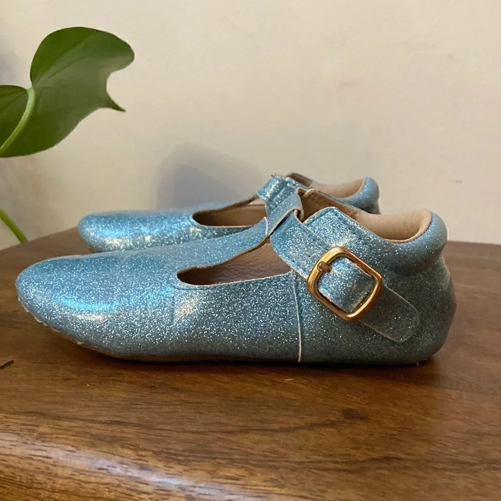 Blue Enchanted Glitter Monkey Feet Girl Shoes 4-5 Y